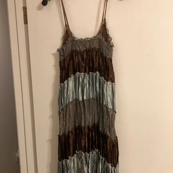 Vintage Guess Ruffled Baby Doll Dress Women's S Brown Teal Fairy Lace Y2K - Picture 2 of 10